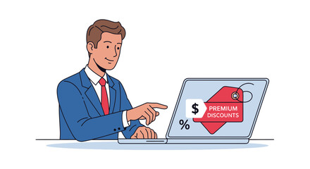Businessman pointing at laptop screen with discount tag illustration