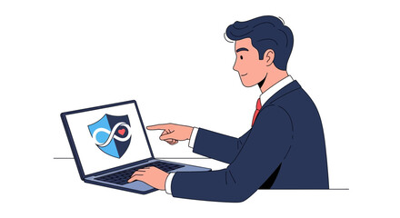 Businessman pointing at laptop screen with digital shield symbol