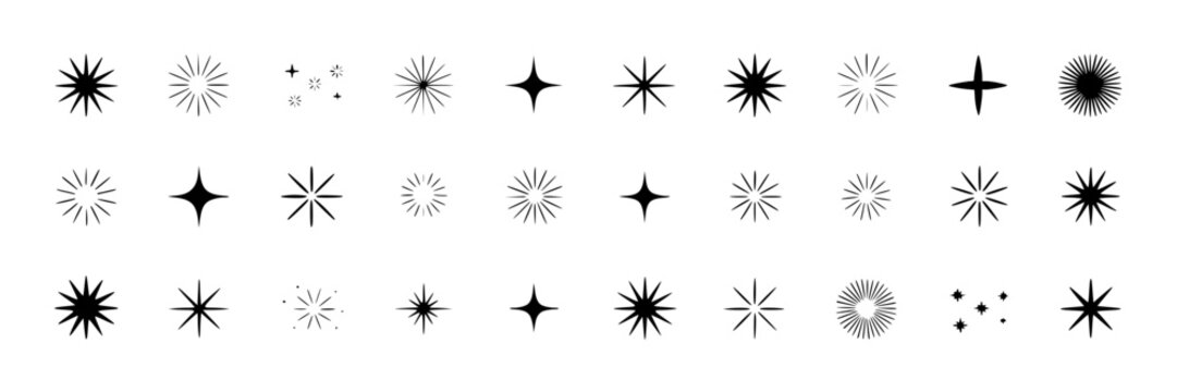 Starburst sparkle icon set with assorted black line sunburst shapes, twinkle stars and radiating bursts for retro decoration, logo accents, stickers and UI highlights