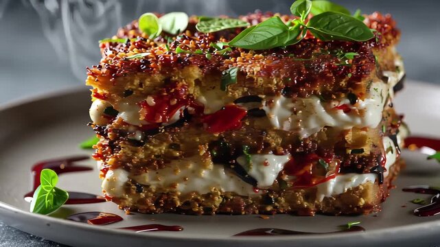 Eggplant parmesan layers with marinara sauce mozzarella and breadcrumbs sliced and plated against a plain background Vegetarian dish