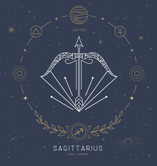 Naklejka premium Modern magic witchcraft card with astrology Sagittarius zodiac sign characteristic. Vector illustration