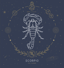 Naklejka premium Modern magic witchcraft card with astrology Scorpio zodiac sign characteristic. Vector illustration