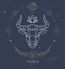 Naklejka premium Modern magic witchcraft card with astrology Taurus zodiac sign characteristic. Vector illustration