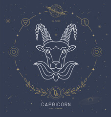 Naklejka premium Modern magic witchcraft card with astrology Capricorn zodiac sign characteristic. Vector illustration
