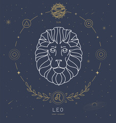 Naklejka premium Modern magic witchcraft card with astrology Leo zodiac sign characteristic. Vector illustration