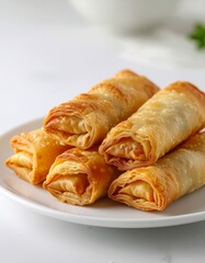 Golden Fried Spring Rolls on a White Plate