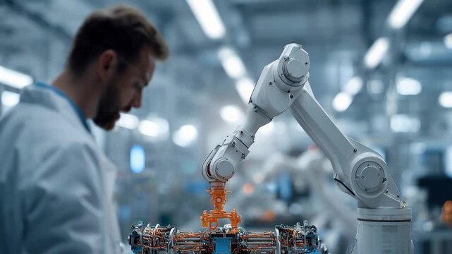 Engineer conducts research and development in a robotic factory while interacting with advanced automation technology