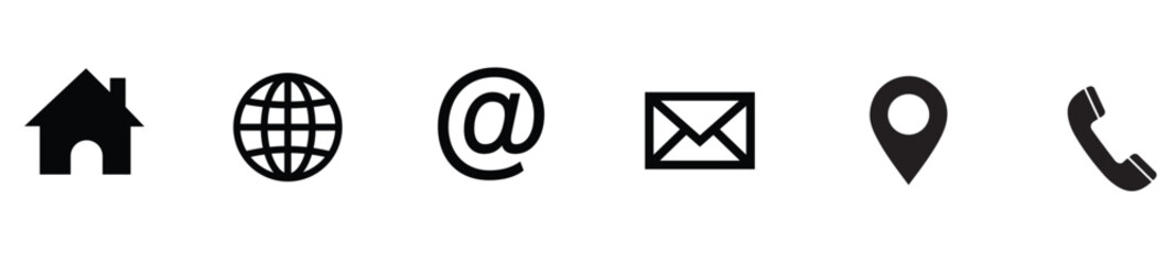 Set of black contact icons: home, globe, email, message, location, phone.