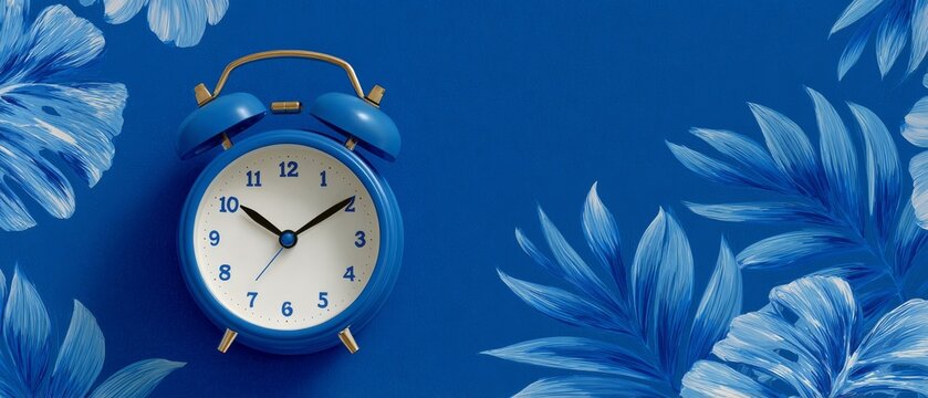 Time Management Concept &ndash; Blue Alarm Clock on Bold Blue Background With Tropical Leaves Flat Lay
