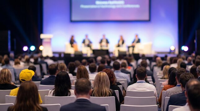 An engaged audience, viewed from the back, intently watches a panel discussion on a brightly lit stage at a business conference.