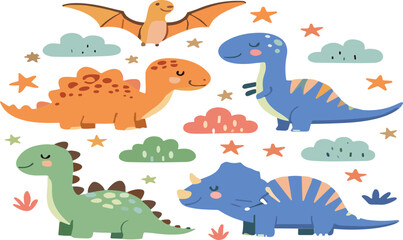 Cute Cartoon Dinosaurs Vector Set with T Rex, Triceratops, Stegosaurus and Pterodactyl Characters © Sumon Creative