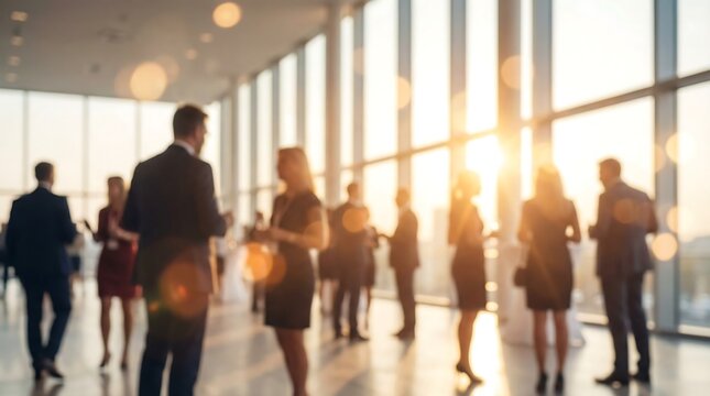 Blurred business professionals are networking and conversing within a sun-drenched, modern lobby, accentuated by beautiful bright lens flare.