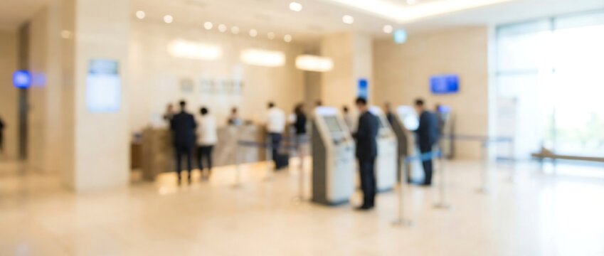 A busy, blurred interior of a modern bank lobby showcasing customers interacting with tellers and using ATM machines, illustrating everyday banking operations and client services.