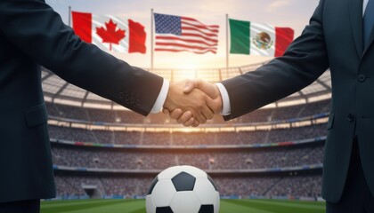 Naklejka premium Two business people shaking hands in a stadium with flags of North American countries and a soccer ball, symbolizing international sports cooperation.