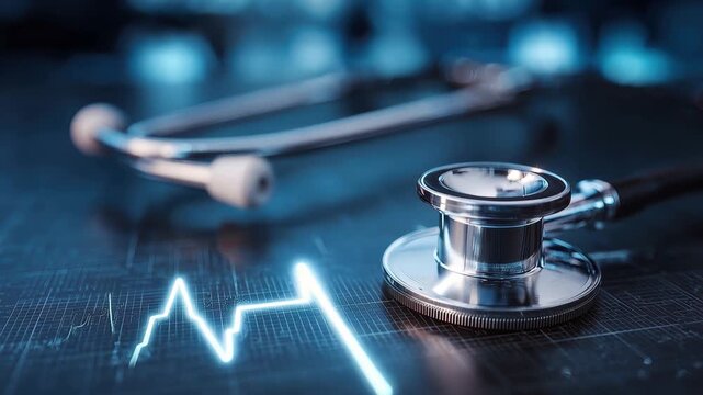 Abstract blue medical background featuring a stethoscope and an illustrated heartbeat line for healthcare themes