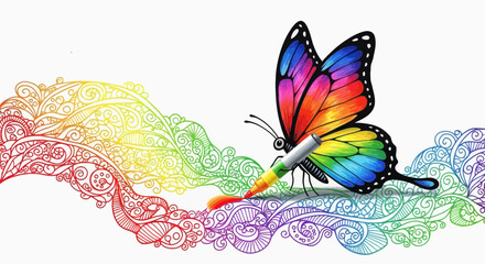 Obraz premium Vibrant butterfly coloring a rainbow swirl with marker