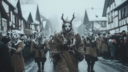 Fototapeta premium people in costumes walking down a snowy street