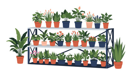Collection of diverse indoor green plants and blooming flowers in colorful ceramic pots arranged on a three tier metal display shelf unit.