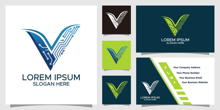 Modern Letter V Technology Logo Design Concept Integrating Circuit Board Elements for Digital Business, Innovation, and Electronic Solutions Branding