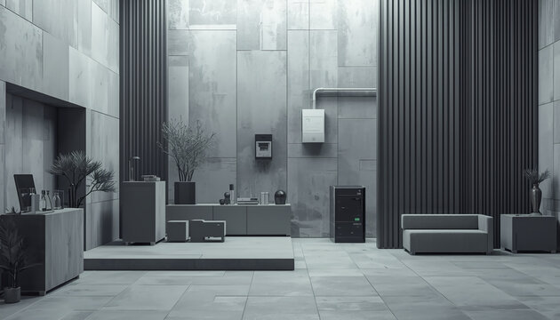 Modern office lobby interior, minimalist gray concrete design, empty reception area, sleek furniture
