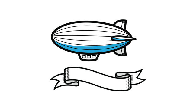 Classic airship or blimp illustration featuring a blue and white dirigible with a large blank flowing banner attached underneath for text.