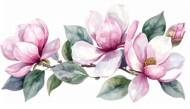 Watercolor painting of delicate pink magnolia flowers with green leaves on a white background.