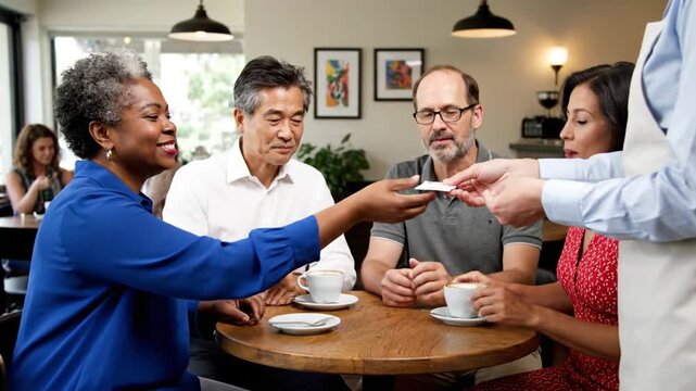 Diverse professional group experiencing attentive service during a productive, engaged discussion in a contemporary cafe environment