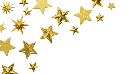 Various sized golden stars, solid and outlined, with sparkling golden confetti dots artfully scattered on a transparent background with copy space, soft studio light highlighting metallic reflections