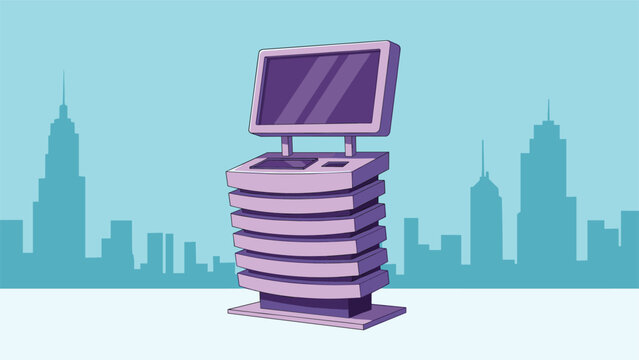 Modern purple self service kiosk illustration with a touchscreen monitor standing against a blue city skyline background.