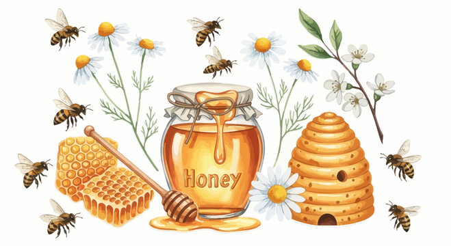 Honey jar bees flowers and beehive watercolor illustration isolated white