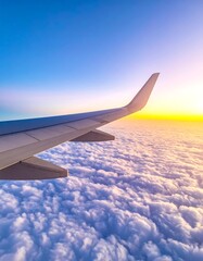 Obraz premium Airplane wing soaring through clouds during sunrise