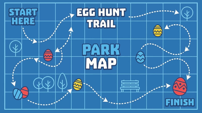 Easter egg hunt trail park map for kids, colorful eggs on blue grid background vector illustration