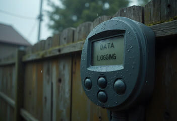 Outdoor data logging device sensing environment on rainy day