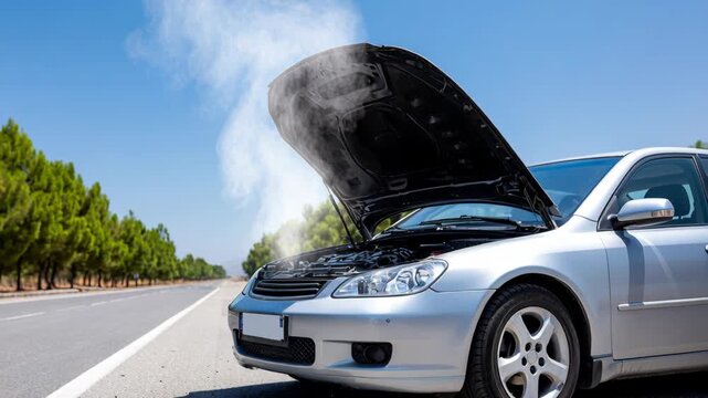 A silver car stalled on a rural road with smoke rising from its open hood due to engine trouble.