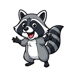 Friendly cartoon raccoon with open mouth and welcoming gesture