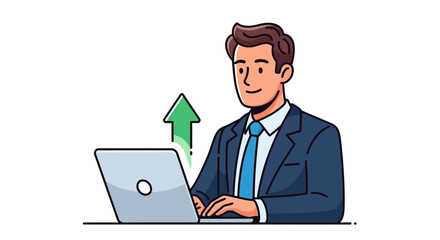 Businessman working on laptop with upward arrow representing growth and success
