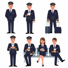 Collection of diverse cartoon pilots and flight crew members in uniform, standing, traveling with luggage, and enjoying coffee, representing aviation careers and travel.