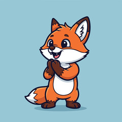 Obraz premium Cartoon fox character standing with hands together on blue background