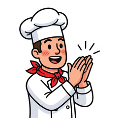 Smiling chef in white uniform and red scarf clapping hands