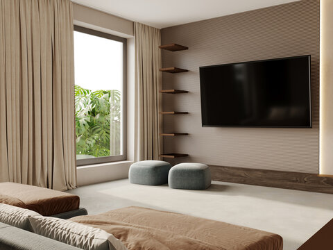 TV wall accent scene. Luxury bedroom inerior area. Home or hotel room.