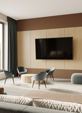 TV wall wood accent. Luxury bedroom inerior. Home, hotel room.