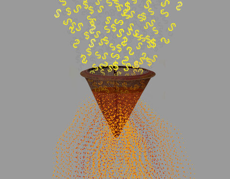 Illustration of American dollars being ground down in Rusty Funnel