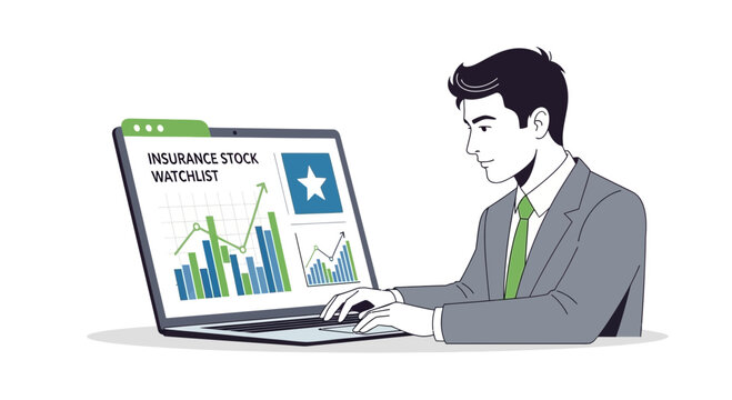 Man analyzing insurance stocks on laptop illustrative financial data