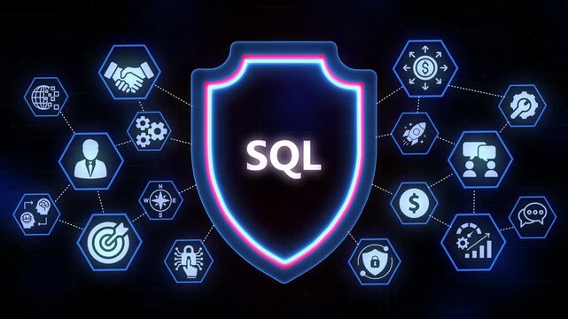 SQL Database Security Shield with Connected Technology Icons and Business Symbols digital shield