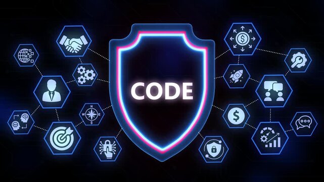 Software Code Security Shield with Connected Technology Icons and Business Symbols digital shield