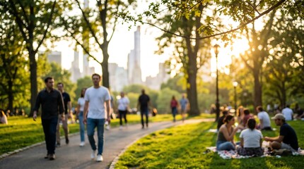 Obraz premium People are leisurely strolling along a winding path and relaxing on the grass in a sunny city park during golden hour, with a blurred cityscape visible in the distance.
