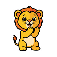Naklejka premium Smiling cartoon lion standing on hind legs with paws together