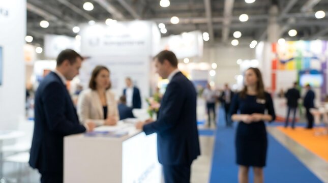 A vibrant, intentionally blurred wide view of an active business exhibition, featuring diverse professionals engaging in discussions at various brightly lit information booths and display stands.
