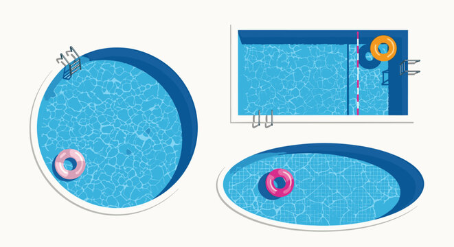 Top view of different swimming pool shapes including circular rectangular and oval with clear blue water and colorful floaties.