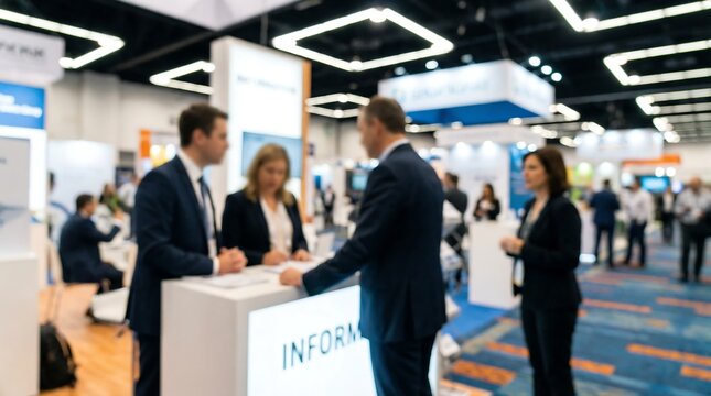 A slightly blurred, dynamic scene at a busy trade show, highlighting business professionals engaging in focused discussions around a prominent "INFORMATION" booth within a modern exhibition hall.